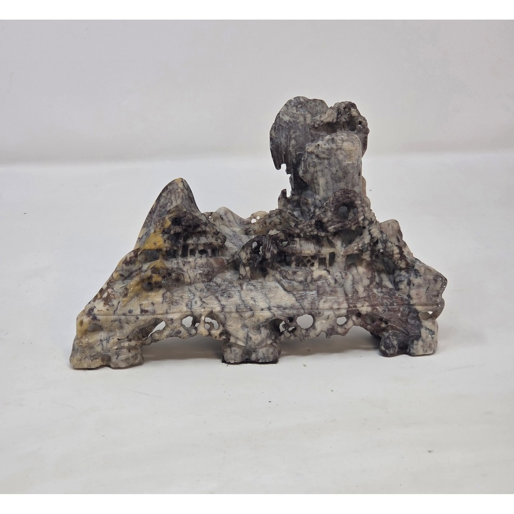 Vintage Chinese Hand Carved Soapstone Landscape 6" x 3" Building Trees Mountains